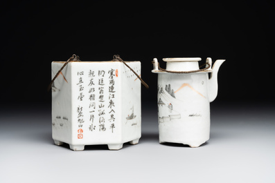 A hexagonal Chinese grisaille covered wine jug and warmer, signed Xinan Xushan 新安旭山, Guangxu mark, 19th C.