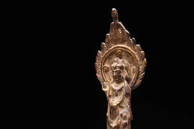 A rare Chinese gilt bronze standing Buddha with aureola and inscription, Northern Wei, dated 441