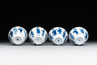 Four Chinese blue and white 'Eight Immortals' cups and saucers and five saucers, Chenghua and Lu mark, Kangxi