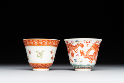 A group of six Chinese blue and white and famille rose cups, Chenghua, Tongzhi and Guangxu mark, Kangxi and later