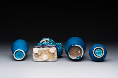 Three Chinese turquoise-glazed vases and a turquoise and aubergine-glazed Buddhist lion, Kangxi