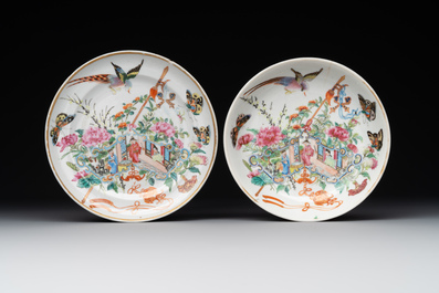 Seven fine Chinese Canton famille rose dishes and plates, 19th C.