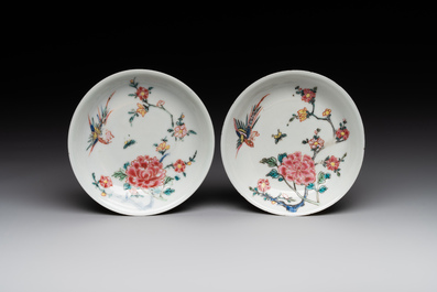 Five Chinese famille rose cups and saucers with horses, birds and flowers, Yongzheng/Qianlong