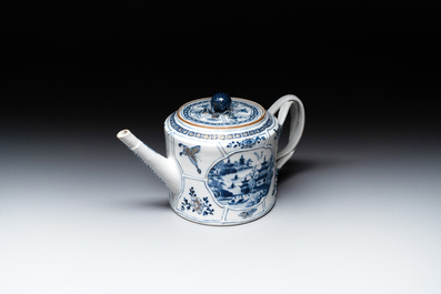 A Chinese blue and white teapot depicting the Whampoa Pagoda and the Pearl River, Qianlong