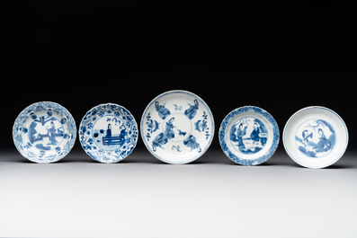 Four Chinese blue and white 'Eight Immortals' cups and saucers and five saucers, Chenghua and Lu mark, Kangxi