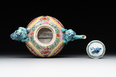 A Chinese famille rose 'Buddhist lion' teapot and cover, Yongzheng