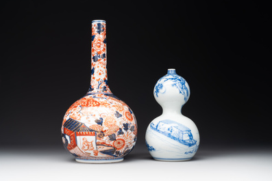 A Japanese blue and white gourd vase, an Imari bottle vase and a set of five Satsuma cups, 19th C.