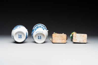 A pair of Chinese blue and white vases, a pair of sancai Buddhist lions, a famille rose ewer and a teapot, 19th C.