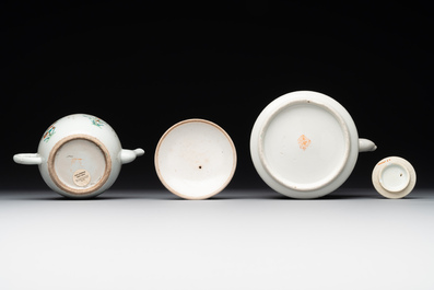 A varied collection of seven Chinese famille rose, verte and monochrome wares, 19th C.