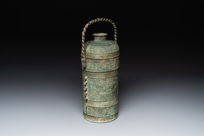 A large Chinese archaistic bronze wine vessel, 'you 卣', Ming