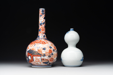 A Japanese blue and white gourd vase, an Imari bottle vase and a set of five Satsuma cups, 19th C.