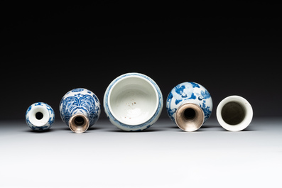 Four Chinese blue and white vases and a stem cup, Kangxi and later