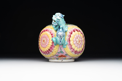 A Chinese famille rose 'Buddhist lion' teapot and cover, Yongzheng