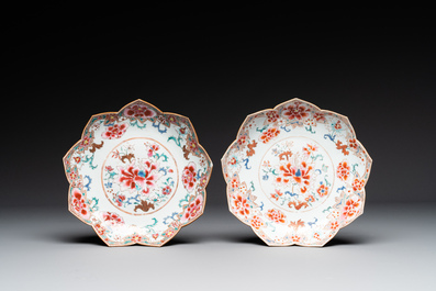 A Chinese famille rose lotus-shaped dish and two plates, Qianlong