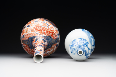 A Japanese blue and white gourd vase, an Imari bottle vase and a set of five Satsuma cups, 19th C.