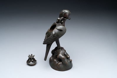 A rare Chinese bronze 'parrot' incense burner, Ming