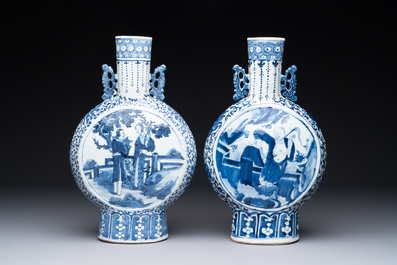 A pair of Chinese blue and white moonflasks or 'bianhu', Kangxi mark, 19th C.