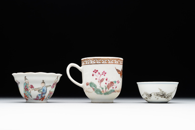 A group of six Chinese blue and white and famille rose cups, Chenghua, Tongzhi and Guangxu mark, Kangxi and later