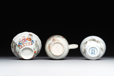 A group of six Chinese blue and white and famille rose cups, Chenghua, Tongzhi and Guangxu mark, Kangxi and later