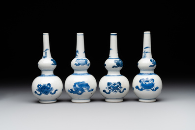 Four Chinese blue and white 'Eight Treasures 八寶' double gourd vases, Kangxi