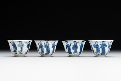 Four Chinese blue and white 'Eight Immortals' cups and saucers and five saucers, Chenghua and Lu mark, Kangxi