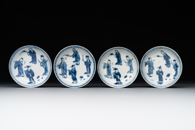Four Chinese blue and white 'Eight Immortals' cups and saucers and five saucers, Chenghua and Lu mark, Kangxi