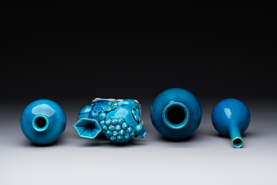 Three Chinese turquoise-glazed vases and a turquoise and aubergine-glazed Buddhist lion, Kangxi