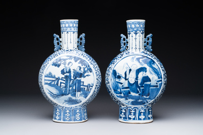A pair of Chinese blue and white moonflasks or 'bianhu', Kangxi mark, 19th C.