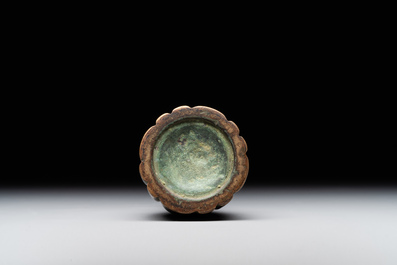 A rare Chinese ribbed bronze flower arranging vase, Ming