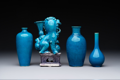 Three Chinese turquoise-glazed vases and a turquoise and aubergine-glazed Buddhist lion, Kangxi