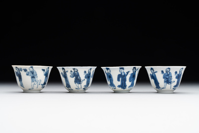 Four Chinese blue and white 'Eight Immortals' cups and saucers and five saucers, Chenghua and Lu mark, Kangxi