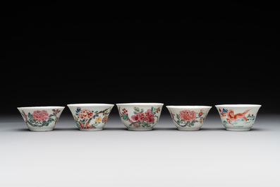 Five Chinese famille rose cups and saucers with horses, birds and flowers, Yongzheng/Qianlong