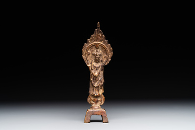 A rare Chinese gilt bronze standing Buddha with aureola and inscription, Northern Wei, dated 441