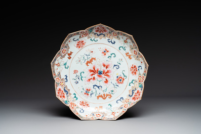 A Chinese famille rose lotus-shaped dish and two plates, Qianlong