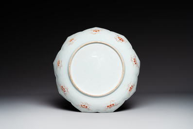 A Chinese famille rose lotus-shaped dish and two plates, Qianlong