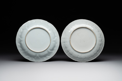 A pair of Chinese iron-red saucers and two plates, Kangxi/Yongzheng