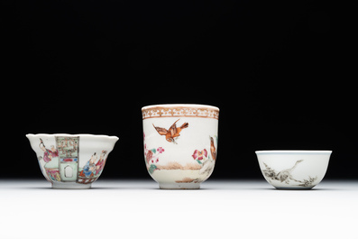A group of six Chinese blue and white and famille rose cups, Chenghua, Tongzhi and Guangxu mark, Kangxi and later
