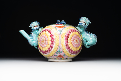 A Chinese famille rose 'Buddhist lion' teapot and cover, Yongzheng