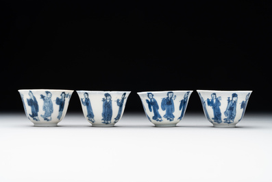 Four Chinese blue and white 'Eight Immortals' cups and saucers and five saucers, Chenghua and Lu mark, Kangxi