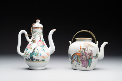 A pair of Chinese blue and white vases, a pair of sancai Buddhist lions, a famille rose ewer and a teapot, 19th C.
