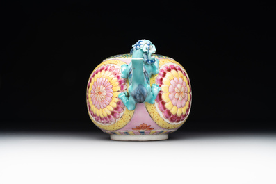A Chinese famille rose 'Buddhist lion' teapot and cover, Yongzheng