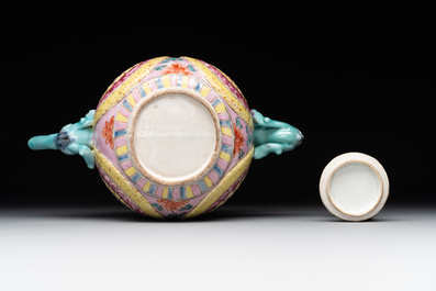 A Chinese famille rose 'Buddhist lion' teapot and cover, Yongzheng