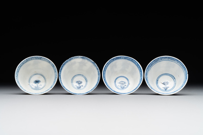 Four Chinese blue and white 'Eight Immortals' cups and saucers and five saucers, Chenghua and Lu mark, Kangxi