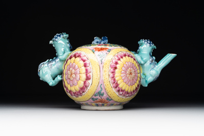 A Chinese famille rose 'Buddhist lion' teapot and cover, Yongzheng