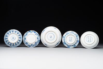 Four Chinese blue and white 'Eight Immortals' cups and saucers and five saucers, Chenghua and Lu mark, Kangxi