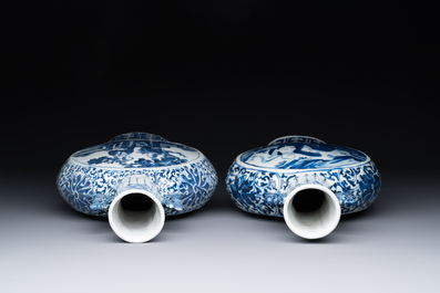 A pair of Chinese blue and white moonflasks or 'bianhu', Kangxi mark, 19th C.