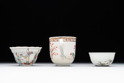 A group of six Chinese blue and white and famille rose cups, Chenghua, Tongzhi and Guangxu mark, Kangxi and later