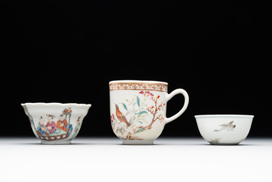 A group of six Chinese blue and white and famille rose cups, Chenghua, Tongzhi and Guangxu mark, Kangxi and later