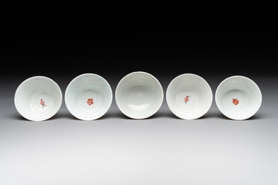 Five Chinese famille rose cups and saucers with horses, birds and flowers, Yongzheng/Qianlong