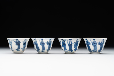 Four Chinese blue and white 'Eight Immortals' cups and saucers and five saucers, Chenghua and Lu mark, Kangxi